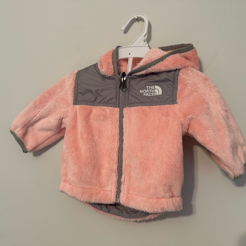 The North Face Pink and Gray Fuzzy Hooded Jacket